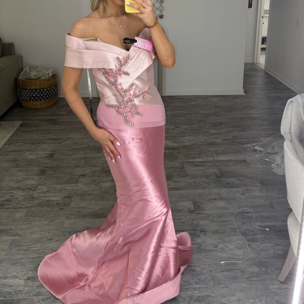 Terani Couture Strapless Pink Satin Mermaid Gown with Embellished Bodice - Picture 2 of 2